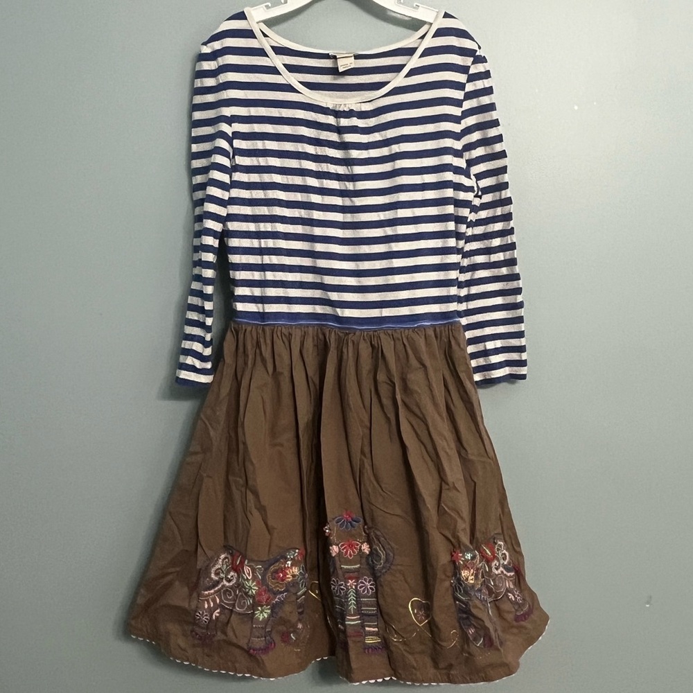 Girls Size 12-13 Monsoon Blue Stripe Bali Elephant Long Sleeve Dress